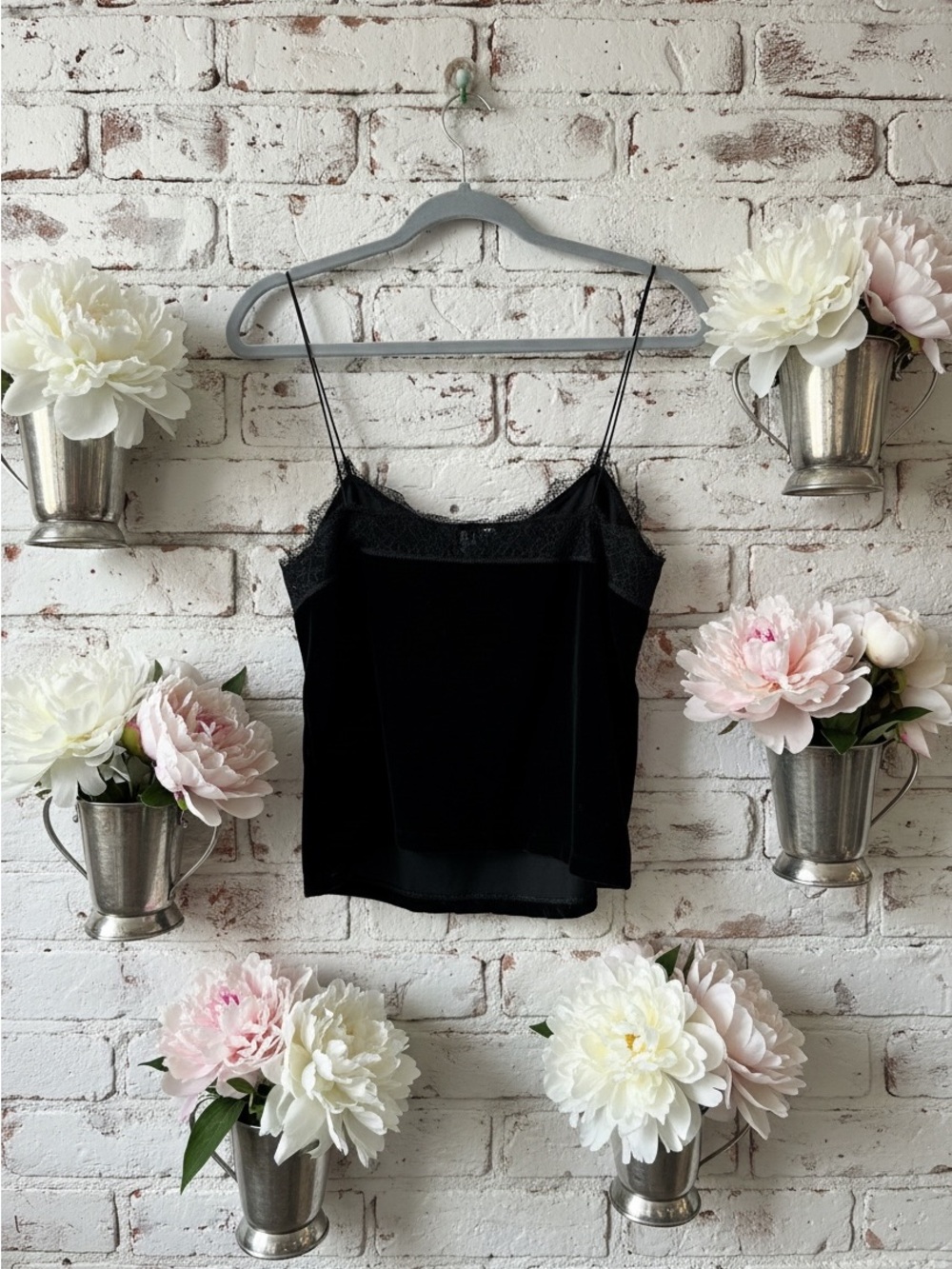 All Saints Black Velvet Lace-Trim Camisole